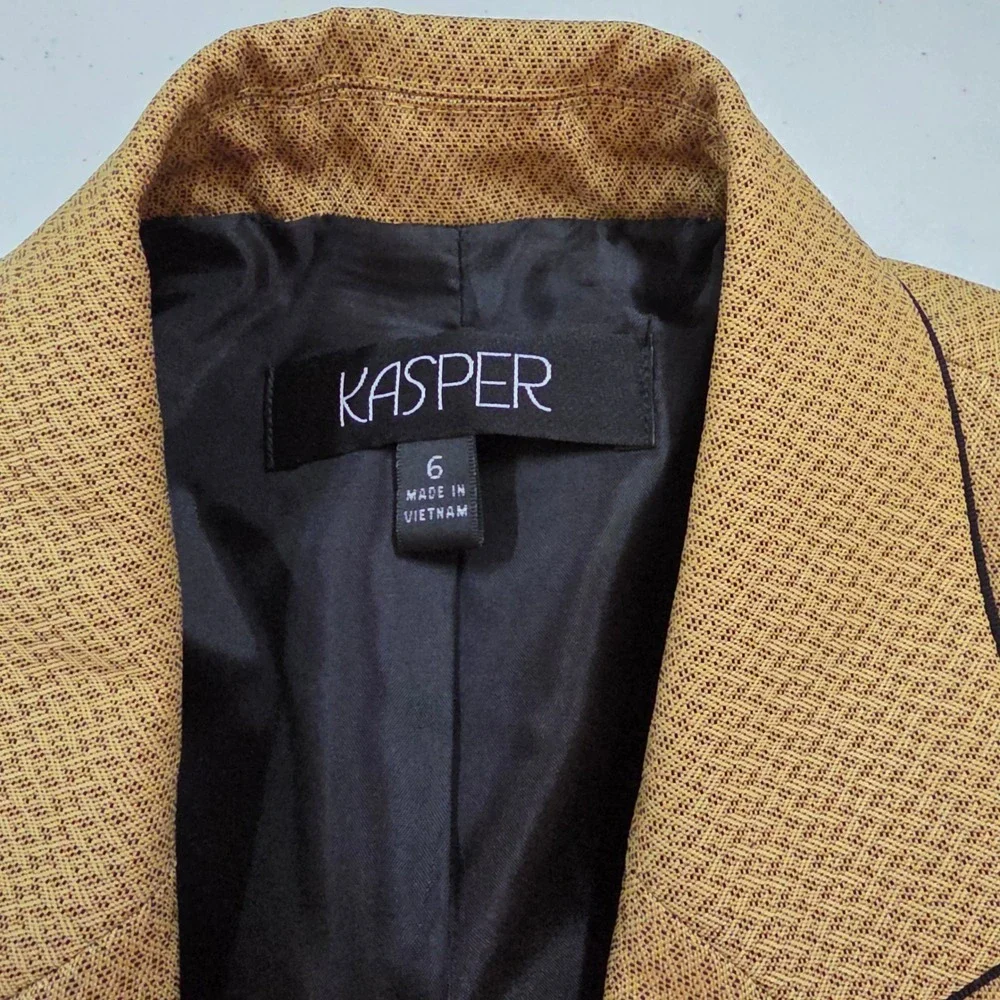 Kasper Womens Mustard Yellow Textured Blazer Black Piping Size 6 Professional